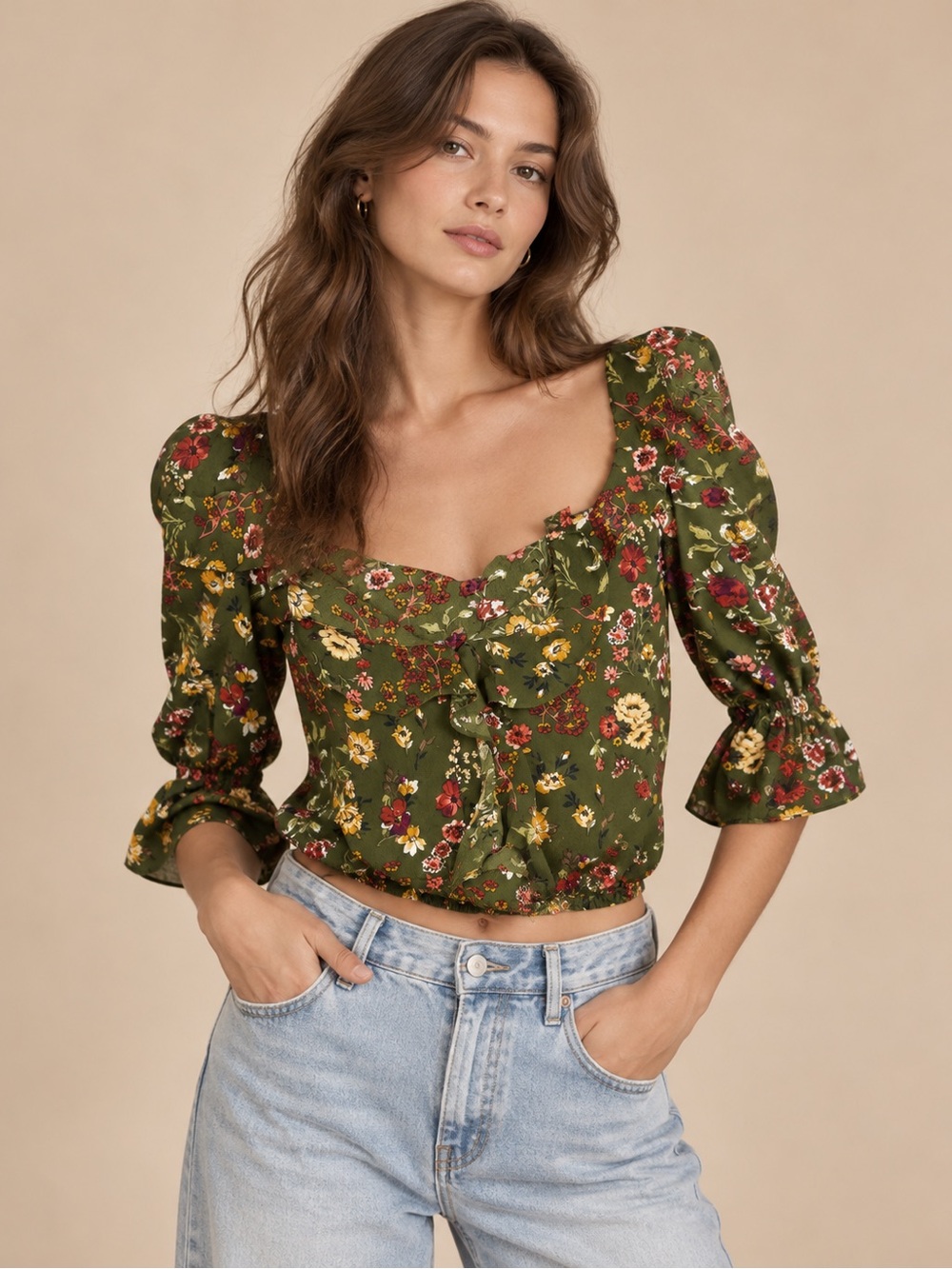 Moa Moa Olive Green Floral Long Sleeve Blouse Size S